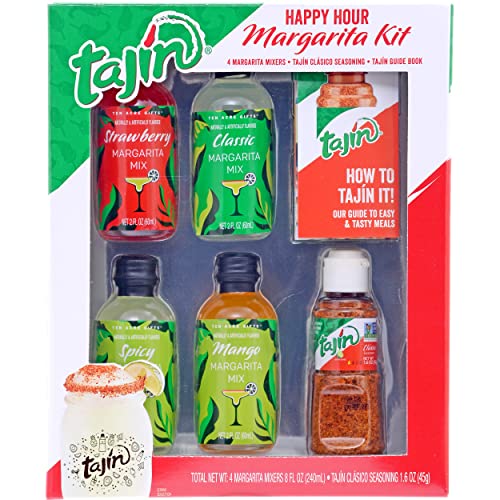 Ten Acre Gifts Tajin Margarita Mix Cocktail Gift Set, 4 Pack Drink Mixers Includes Classic, Strawberry, Mango and Spicy Margarita Mixes, Tajín Clasico Seasoning