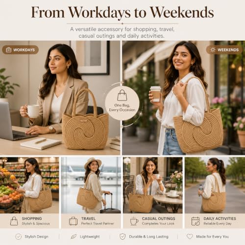 Image of Handbag for Women | Handmade Natural Cane & Dry Grass Tote Bag | Stylish Shoulder Bag for Women | Ladies Purse for Office, Travel & Daily Use | Gift for Women
