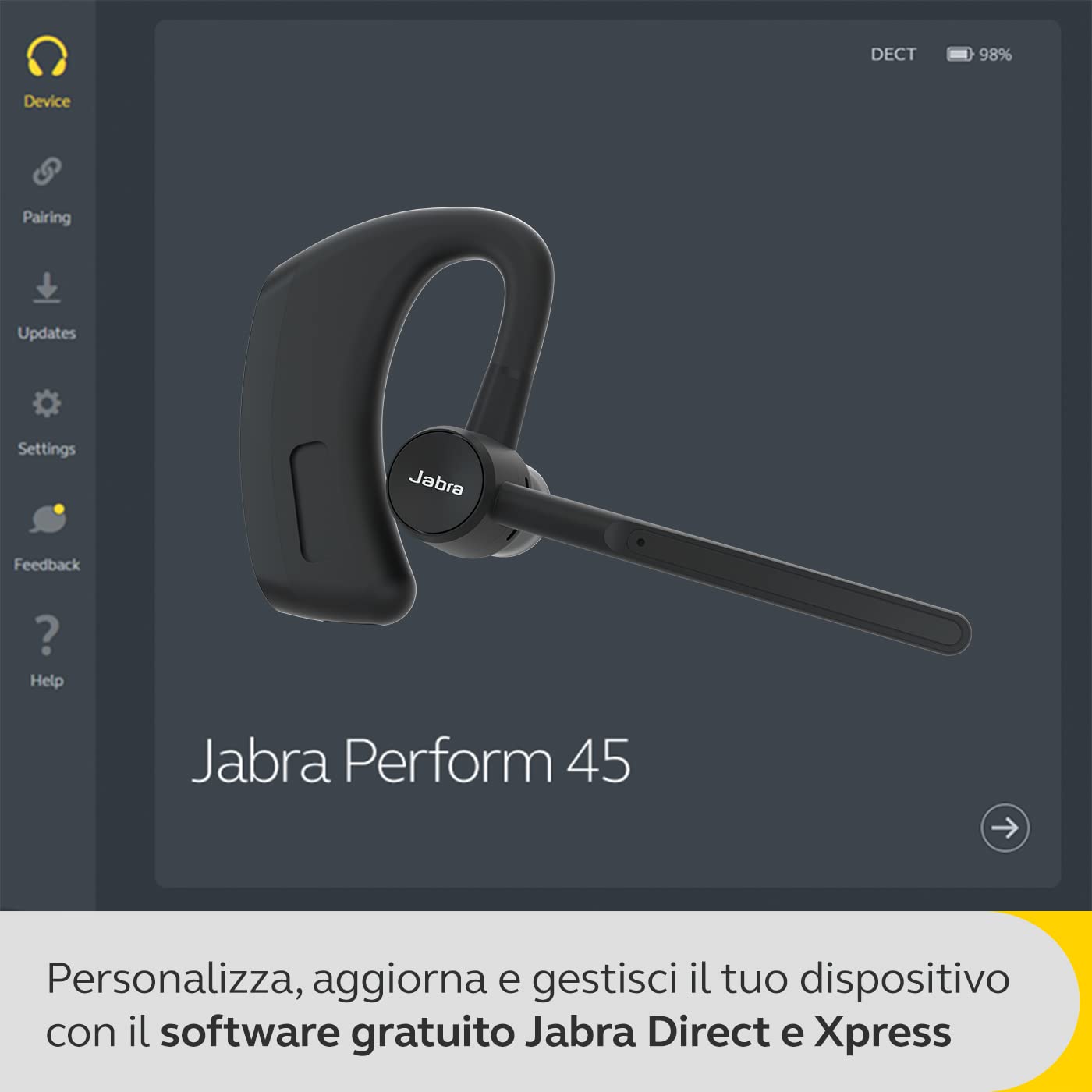 Jabra Perform 45 Mono Auricolare Bluetooth con gancio auricolare, microfono con cancellazione del rumore ultra avanzata, funzionalità Premi per parlare, modalità Face2Face e design sobrio Nero