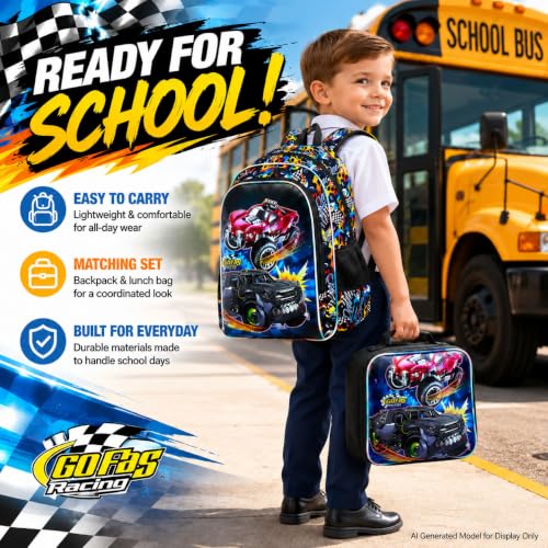 Image of HPJGD 3PCS Truck Backpack for Boys, Water Resistant Kids Bookbag Set with Lunch Box, Cool School Bag for Preschool Toddler - Teeth Truck