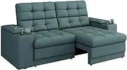 Sofá Retrátil e Reclinável 2,05m 3 Lugares Com Porta Copos Entrada USB Kansas Veludo Cinza Luizzi (Cinza)