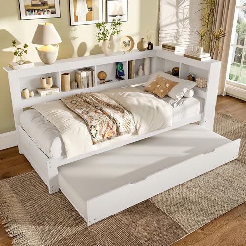 cama de día nido de 90 x 200 cm – Sofá con enchufe integrado y 2 puertos USB, incluye somier, cama de invitados, ahorra espacio, color blanco (sin colchón) (90 x 200 cm)