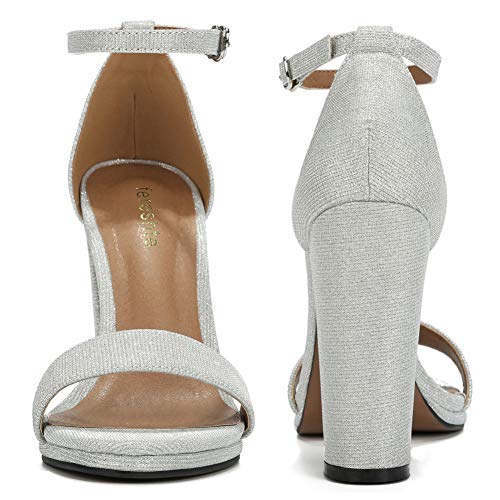 fereshte Women's Ankle Strap Chunky Block High Heel Sandals 11 Glitter Silver - Image 3
