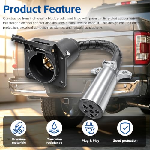 Image of 7 Pin Round to 7 Pin Trailer Adapter 7 Pole Round to 7 Way RV Flat Adapter Blade Trailer Connector Plug for Semi Truck Tractors Commercial Vehicle with Mounting Bracket