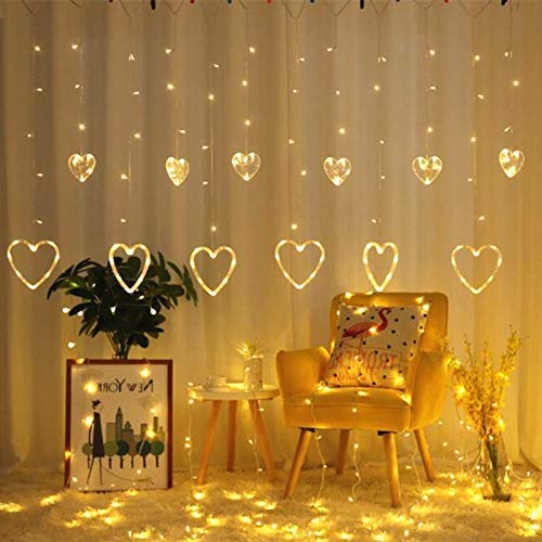 Image of Desidiya 130 Led Heart Shape Curtain String Lights with 8 Flashing Modes Decoration (12 Hearts, Warm White), Prong Base, Pack of 1, 98.4 Inches