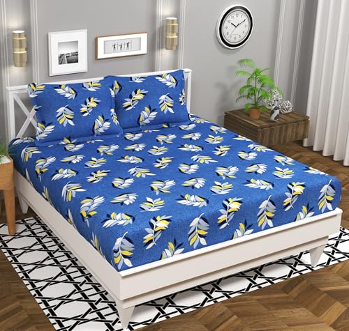 Image of BSB HOME 100% Cotton Double Bed Bedsheet Set | 144 TC Soft & Breathable | Blue White Leaf Print with 2 Pillow Covers | Wrinkle Free | for Bedroom & Gifting (90 x 90 Inches)