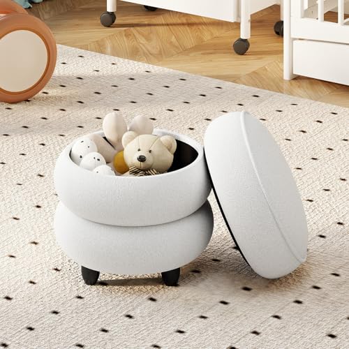 GIANTEX Taburete Redondo Bajo, Puff Almacenaje con Tapa y Espacio de 20L, Capacidad de 150 kg, Patas de Madera Caucho, Reposapiés Acolchado para Salón, Entrada, 40,5 x 44,5 cm (φxAL)
