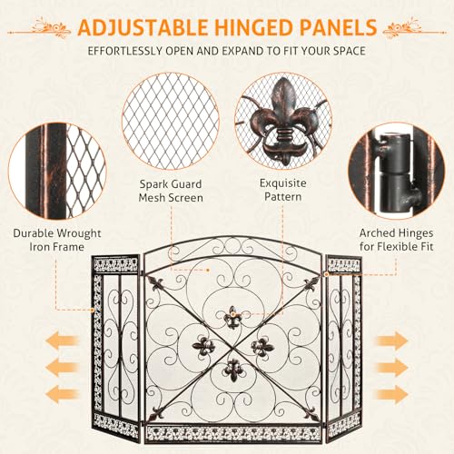 Image of WICHEMI 3 Panel Fireplace Screen for Fireplace Gate Decorative Fireplace Screens Stand Alone 52.4 x 31inch Wrought Iron Black Metal Spark Guard Fireguards Mesh Cover Fence Fire Place Cover (Bronze)