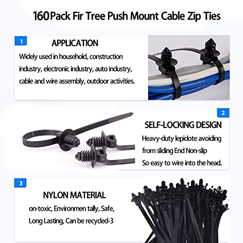 160Pcs Universal Nylon Push Mount Cable Zip Tie,Nylon Self Locking Cable Strap,Heavy Duty Nylon Push Mount Self Locking Uv Resistant,5 Most Popular Sizes,For Indoor Wire Tying Construction Auto Ect #TOP3