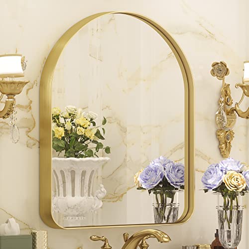 Tetote Gold Arched Mirror For Bathroom, 30X36 Wall Mounted Vanity Mirror, Brushed Brass Metal Framed Farmhouse Mirrors For Makeup, Decorative Shatterproof Mirror For Entryway, Living Room, Fireplace #TOP5