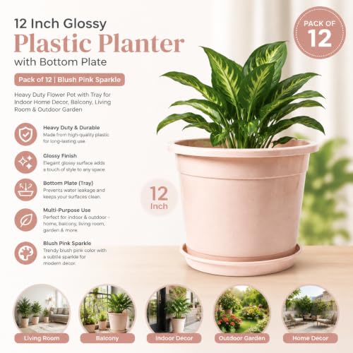 Image of 12 Inch Glossy Plastic Planter with Bottom Plate | Heavy Duty Flower Pot with Tray for Indoor Home Decor, Balcony, Living Room & Outdoor Garden (12 Pot, Blush Pink Sparkle)