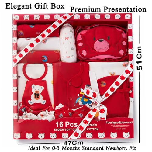 Image of MOM CARE Newborn Baby Gift Set | 100% Cotton Baby Clothing Set | 0?3 Months | Baby Shower & Welcome Gift Box (Red, Set of 16)