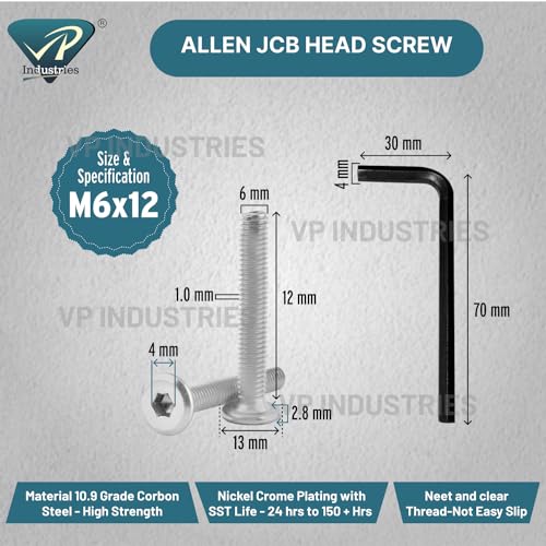 Image of By inchVP INDUSTRIES inch (Pcs-25) M5x10 mm Allen JCB Flat Head Screw Nickel Finish | Allen Key Furniture Bolt Fastener for Crib, Bunk Bed, Cot & Barrel Bolt Fittings