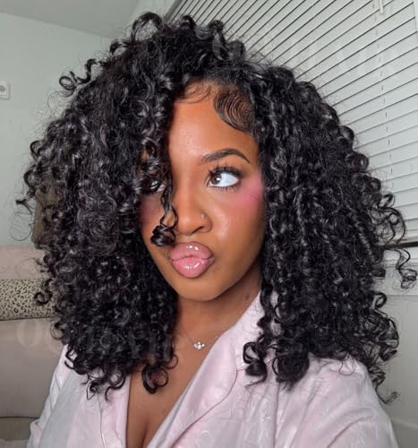 OQ HAIR Burmese Curly Half Wig Human Hair Beginner Friendly 3 In 1 Seamless Flip Over Headband Wig 180% Density Glueless Elastic Drawstring Wear and Go Wig for Women 22 Inch