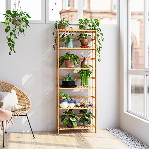 Fotosok 6-Tier Bamboo Shelf, Bamboo Bookcase With Adjustable Shelves, Free Standing Storage Shelf Unit, Plant Flower Stand For Kitchen, Bathroom, Home Office, Natural #TOP4