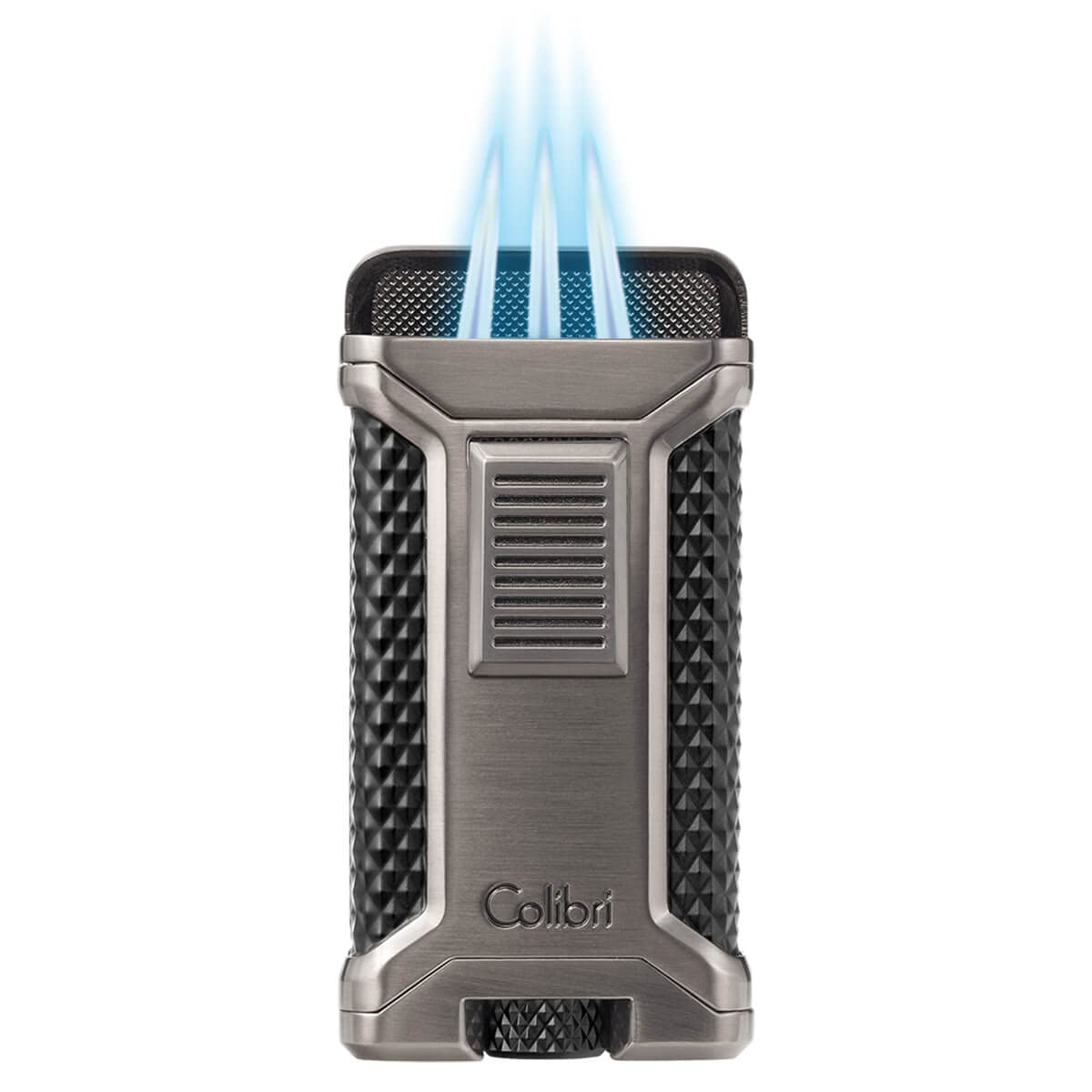 ColibriAscari Triple Jet Flame Butane Lighter, Windproof & Refillable, Cigar Enthusiast's Choice with Integrated Punch, Blue Fuel Window, and Adjustable Flame (Gunmetal + Black)