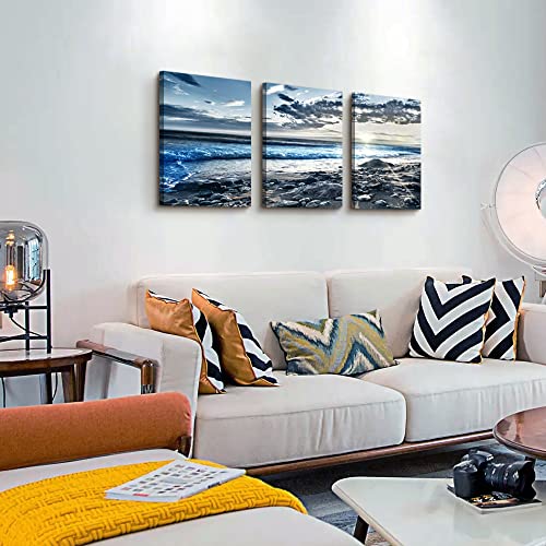 Canvas Wall Art for Living Room & Bedroom - Blue Beach Wall Pictures - Sun & Ocean Paintings - Office Wall Decoration - Seascape Poster Art Prints - Large Size - 20" X 28" - 3 Piece