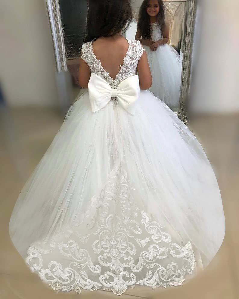 Aibaowedding Spitze Stickerei Schiere V-Rücken ärmellos Kinder Schleppende Kleider