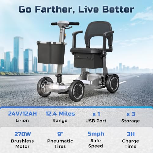 Image of Lightweight Mobility Scooter for Seniors & Adults - Airline & Cruise Approved, 45lb Portable Motorized Scooters with Removable Battery for 12.4 Miles Range, Pneumatic Tires, 330lb Capacity, Silver