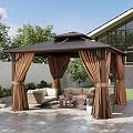 12'x12' Hardtop Gazebo, Outdoor Polycarbonate Double Roof Pavilion with Aluminum Frame, Netting, and Curtains, Ideal for Patios, Gardens, and Backyards