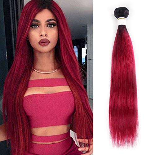 X-tress Ombre Burgundy Red Straight Brazilian Remy Hair Bundle Ombre Reddish Hair Weave Human Hair Extension 100% Virgin Human Hair Weave (8 Inch)