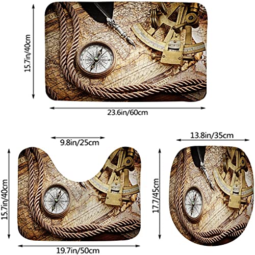 Badezimmerteppich-Set, 3-teilig, Vintage-Voyage-Thema, Lifestyle-Druck, waschbare Badteppiche, rutschfest, mit Rückenpolster, Konturteppich und Toilettendeckelbezug – Bild 3