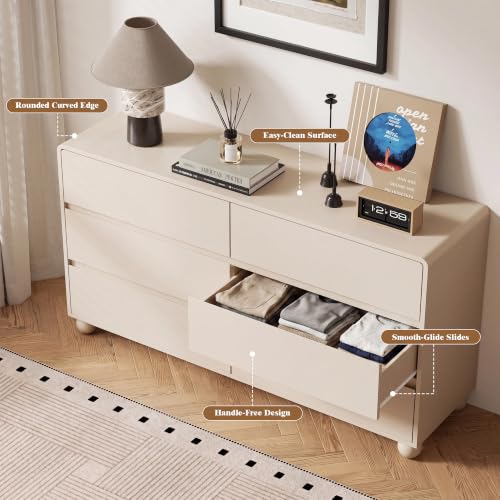 Image of Furniway Modern 6 Drawer Dresser for Bedroom, Beige Dresser with Curved Profile Design, Minimalist Wood Chest of Drawers for Bedroom, Living Room, Hallway Entryway