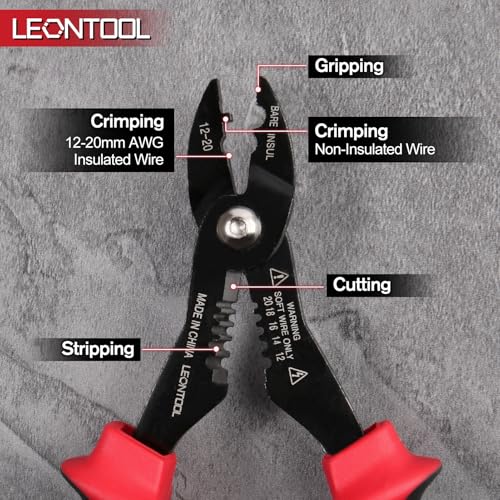 Image of 4-in-1 Multi Purpose Electricians Pliers, TPR Handle | 7 inch Compact Wire Stripper Cutter Crimper Gripper, Tapered Head, Cr-V Steel, for 12-20 AWG Insulated & Non-Insulated Wires
