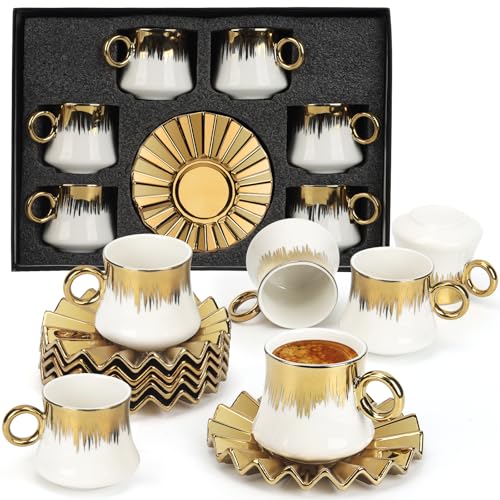 Set di tazze da caffè, 12 pezzi, 90 ml, mini tazze in porcellana Demitasse con piattini impilabili, design di lusso bianco e oro, bordo placcato oro, regalo per caffè turco, espresso o amante della