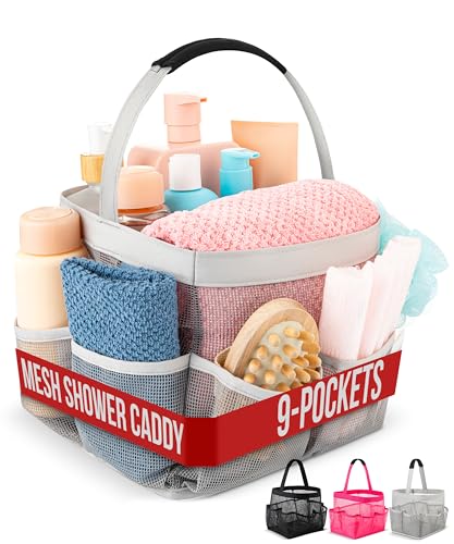 Masirs Mesh Shower Caddy – 9 Pocket Portable Shower Caddy Organizer for College Dorm, Travel, Gym, Bathroom – Quick Dry, Lightweight Tote Bag for Toiletries & Essentials, Gray