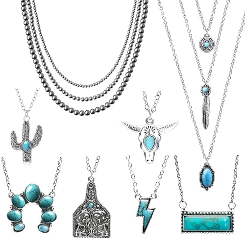 8 Pcs Western Jewelry for Women with Navajo Pearl Necklace, Turquoise Pendant Necklace in Different Themes, Boho Country Western Jewelry Set for Cowgirls
