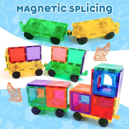 Image of ANVIE & ABEER Set of 20 Pcs Big (75mm) Magnetic Tiles with 2 Car Chassis of Random Colour | Magnetic Building Blocks | STEM Educational Construction Toy for Kids Boys & Girls