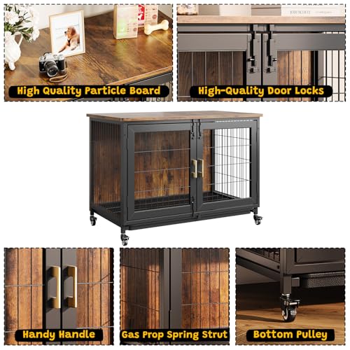 37.5 Inch Dog Kennel Furniture, Heavy Duty Dog Crate Furniture with Wheels, Grid Base, Removable Tray, Latches, Indoor Farmhouse Dog Cage for Medium and Small Dogs, Brown