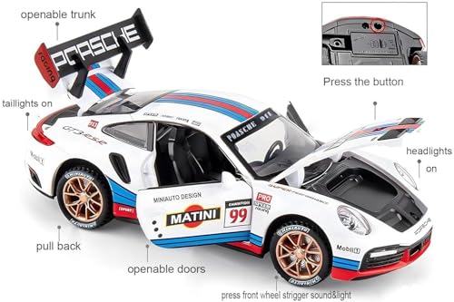 Image of Okean Porsch,e Matini 911 GT3 RS RSR Turbo S Diecast Car for Kids and Adults - 1:32 Scale Pull Back Toy with Light and Sound, Opening Doors - White Collectible Model Vehicle