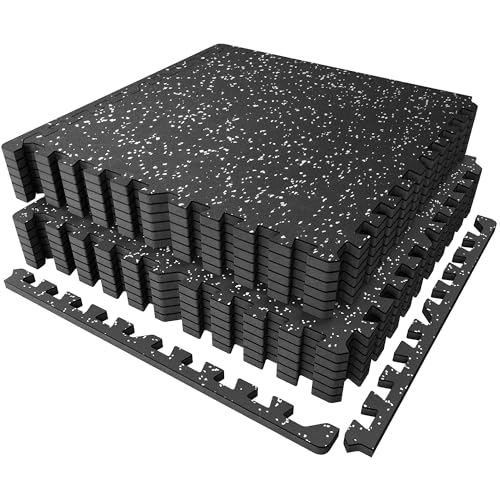 PRAISUN 0.56' Rubber Top Gym Flooring, Heavy Duty Interlocking Gym Mats for Home Gym, Non-Slip Workout Mat, 24 x 24in Large Gym Floor Mat, Protect Floors from Weights & Equipment, 48 Sq Ft, Black/Grey