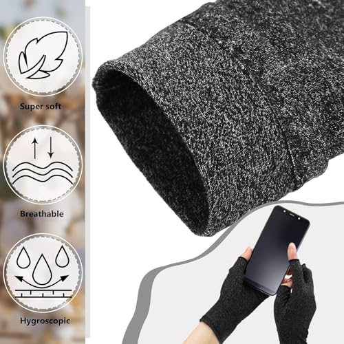 Image of 3 Pairs Compression Craft Arthritis Hands Gloves Fingerless Pressure Joint Relief for Quilting Sewing Typing Household Duties, Grey, Small