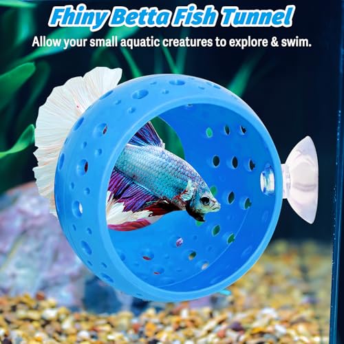 Image of Fhiny Betta Tunnel, Aquarium Fish Hideout with Suction Cup - Shrimp Cave Aquarium Decor for Small Fish, Shrimp, Guppy Hiding & Resting (Blue)