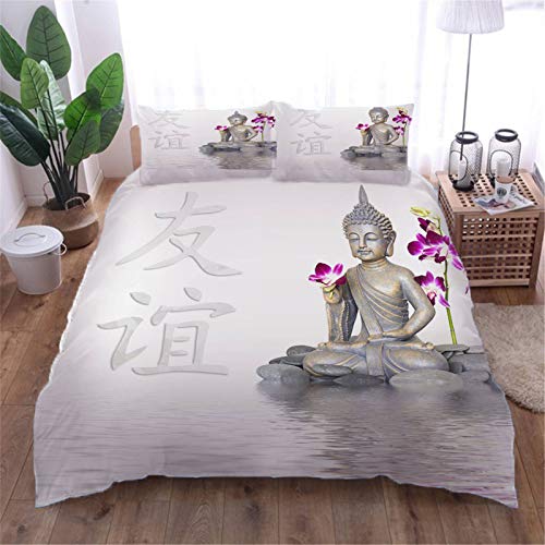 AOUAURO Housse de Couette 200x200 Statue de Bouddha Parures de Lit 3D Imprimé en Polyester avec Fermeture Éclair Cachée et 2 Taies d'oreiller Double