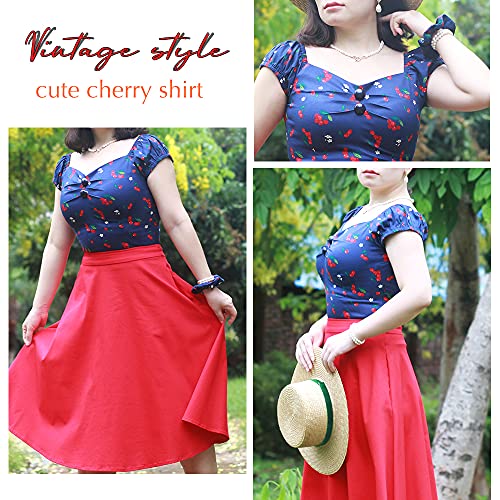 Image of YARN & INK Women's Rockabilly Tops 1950s Pinup Shirt Casual Off Shoulder Vintage Blouse