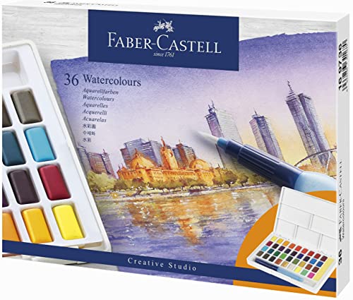 Faber-Castell 169736 - Peintures aquarelles, 36 godets, avec pinceau à réservoir d'eau