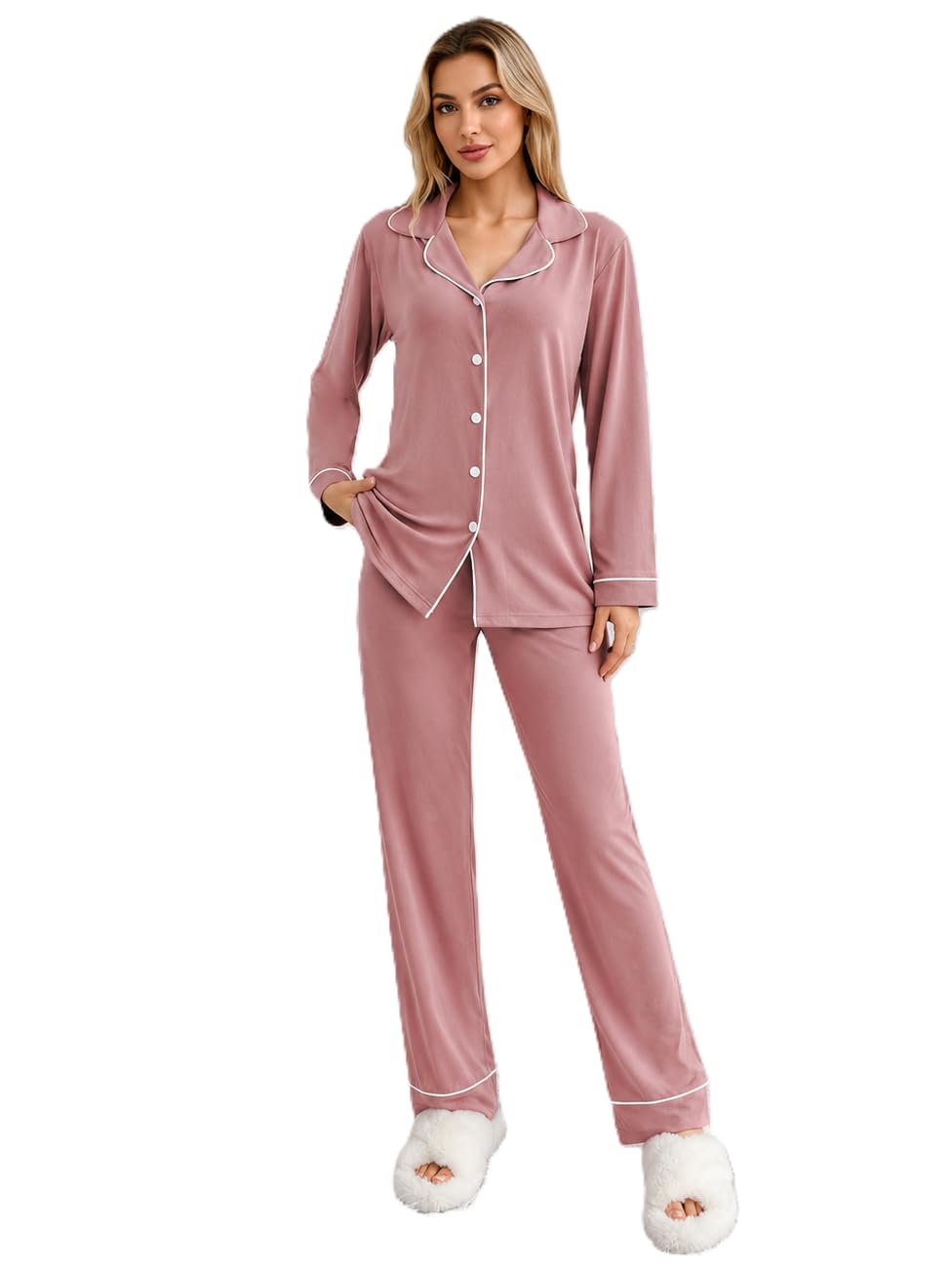 Pajama Set for Women | Casual Button Down Nightwear | Soft Cotton Long Sleeve Sleepwear 2 Piece Set | Comfortable Loungewear PJs with Pockets & Collar(35-N-1-4)-image-11