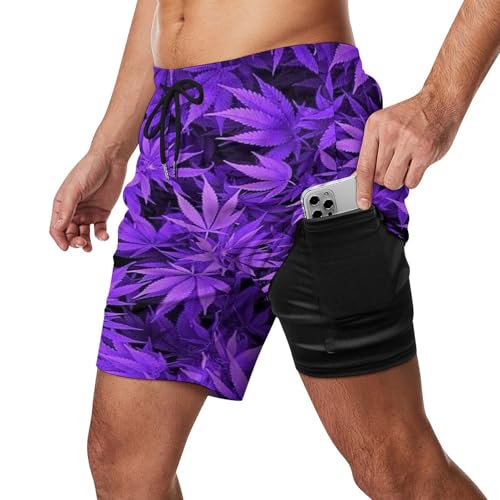 Purple Pot Leaf Men's Swim Trunk Quick-Dry Shorts with Mesh Lining And Pockets