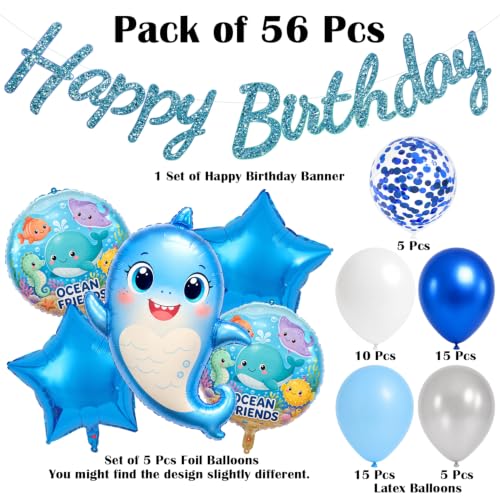 Image of Rozi Decoration Shark Theme Happy Birthday Blue Decoration Items Set of 56 Pcs