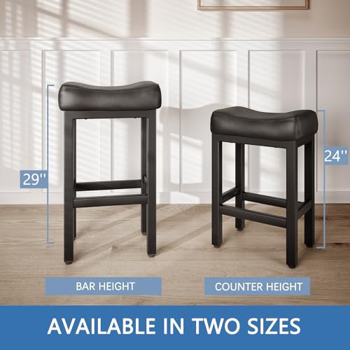 Image of 29 Inch Bar Height Bar Stools Set of 2, 29 inch Barstools for Kitchen Island Counter, Backless Bonded Leather Bar Height Stools with Thick Saddle Seats & Heavy Duty Metal Base, Easy Assembly, All Black