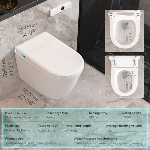 Image of Smart Wall Hung Toilet Combo,Auto Flush, Auto Open /Close LId,Heated Seat,Warm Water /Dryer, Modern Elongated Bidet Toilet with In wall Carrier (No need to buy an additional Water Tank)