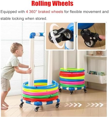 Multisize PVC Hula Hoop Storage Rack on Wheels - Space-Saving Gym & Office Hoop Holder Stand for PE Classes, Hula Displays & Fitness Equipment