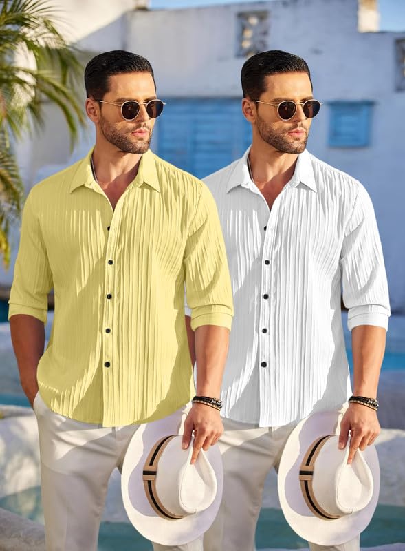 Image of FINIVO FASHION Men's Cotton Blend Shirt Set Lightweight, Full Sleeves, Plain Texture, Button Closure, Summer Ready (Pack of 2)