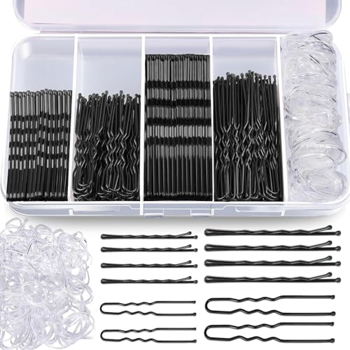 Aucuu 300 Pcs Bobby Pins Kit, Hair Pins for Women, Hair Grips, 100 Black Waved Hair Pins (50pcs L+50pcs S), 100 Black U Shaped H-air P-ins, 100 White Elastic Bands, with Storage Box