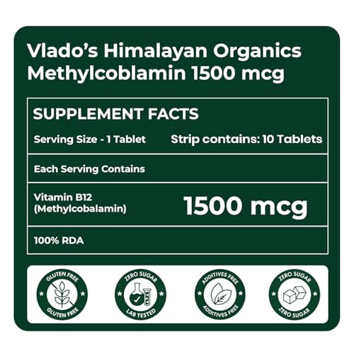 Image of Vlado's Himalayan Organics Methylcobalamin Vitamin B12 1500mcg Supplement for Men & Women -10 Tablets (1 Bliser Pack)