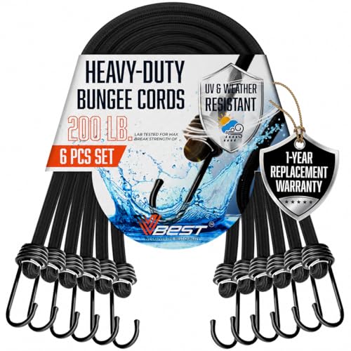VBEST Extra Long Bungee Cords with Hooks - Large Heavy Duty Outdoor Black Bungie Straps Set of 6 Pieces 72 Inch 6 Ft